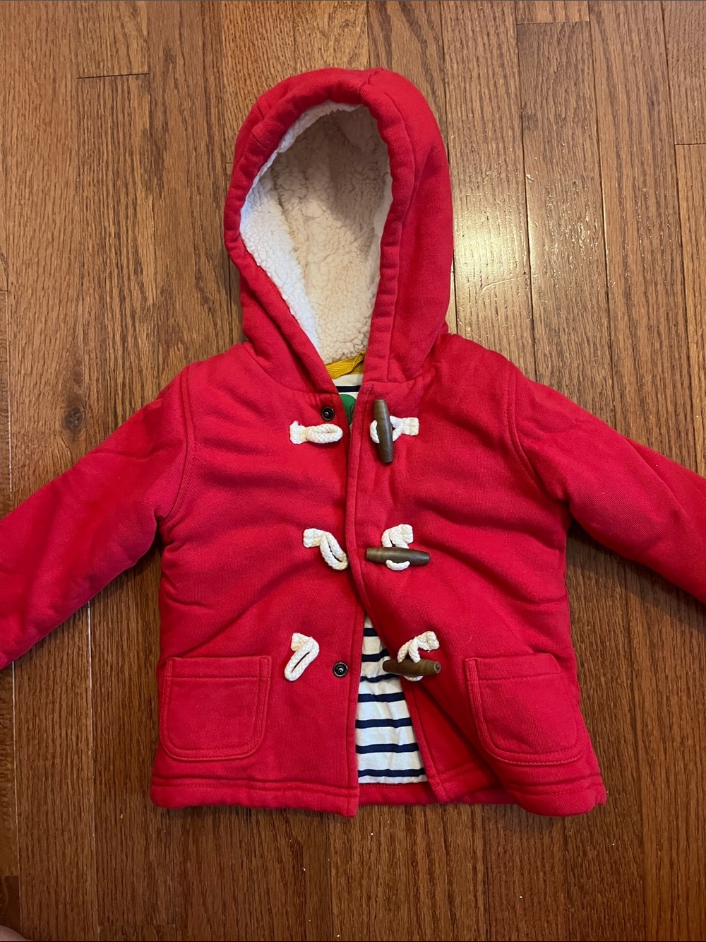 Mini Boden 100% Cotton Red Hooded Toggle Coat with Navy Stripe Lining